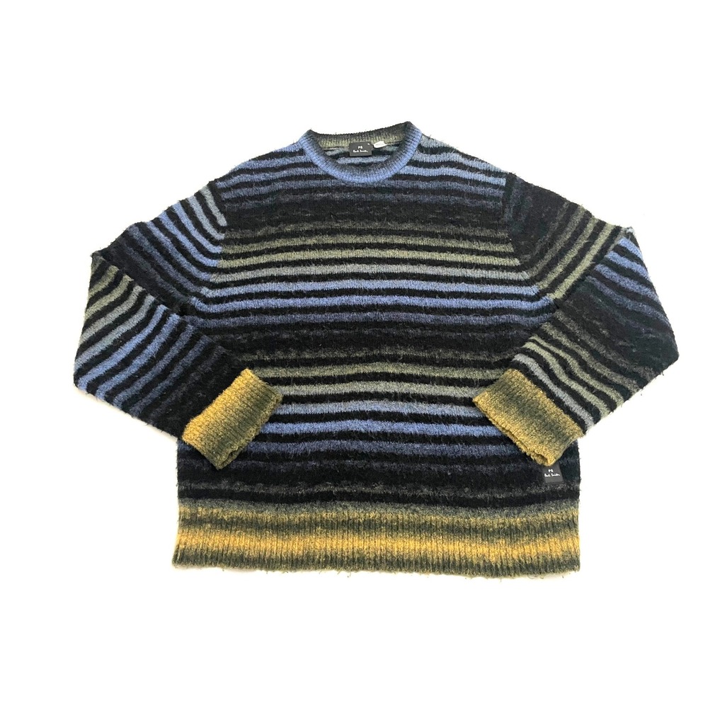 PS Paul Smith Sweater Mens XL Blue Striped Merino Wool Blend Fuzzy Knit 558Y
